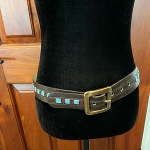 Hyde Collection Brown Beaded Western Leather Belt Small Brass Buckle Cowgirl